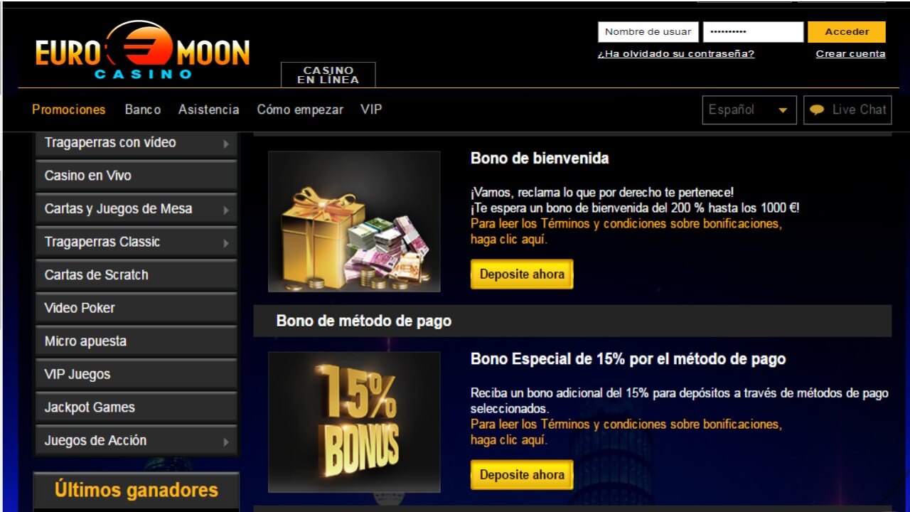 Bonificación 15% Casino Euromoon